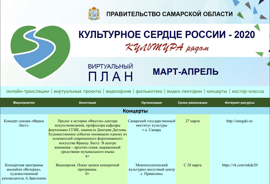 АФИША культурных онлайн-мероприятий Самарской области на март-апрель